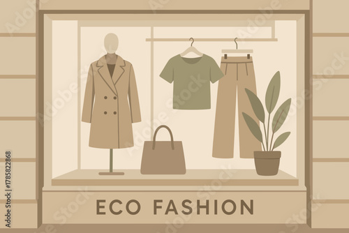 Mannequin displaying a stylish trench coat alongside casual attire and accessories in an eco-friendly fashion store window.