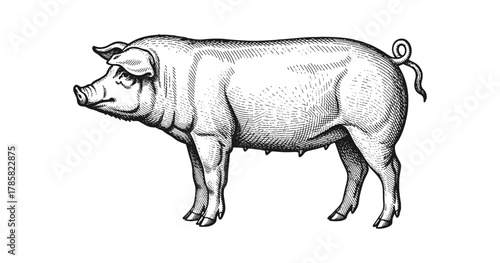 Detailed vintage style pig drawing with classic linework