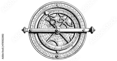 Antique astrolabe engraving with detailed geometric design