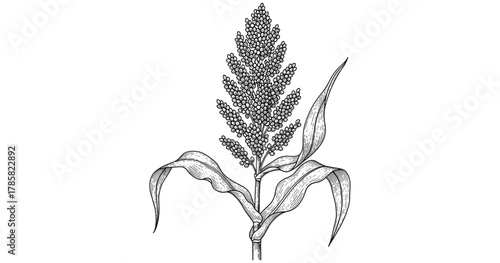 Intricate botanical art of a sorghum plant with detailed leaves and seeds