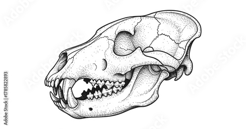 Detailed black and white animal skull sketch with intricate linework