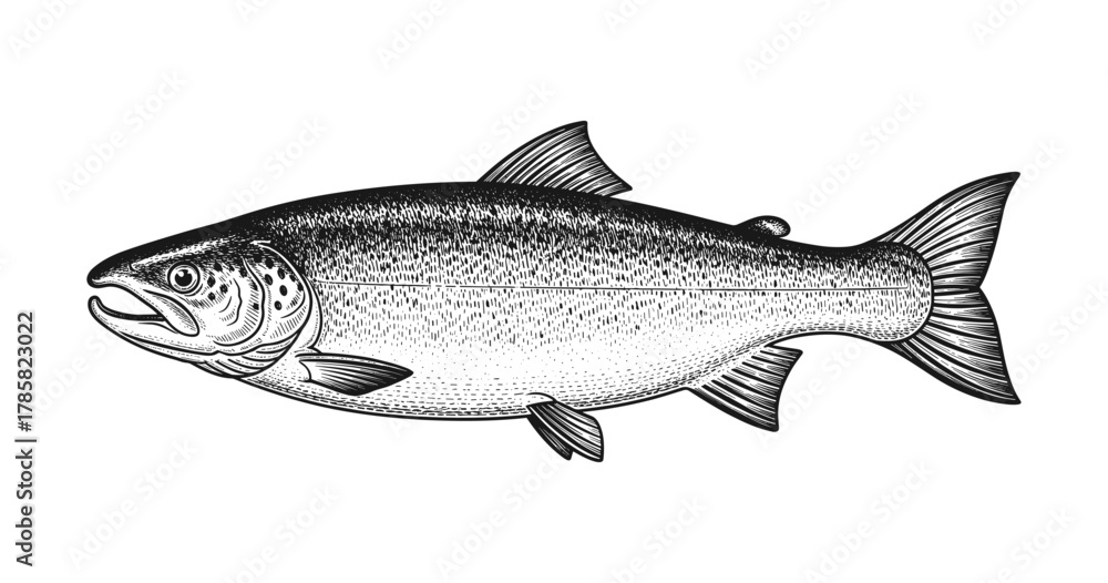 Obraz premium Vintage engraved salmon: detailed black and white fish art