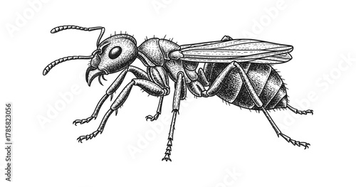 Detailed ink drawing of an ant with intricate linework and shading on white background