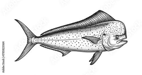 Detailed black and white mahi-mahi fish drawing with textured lines