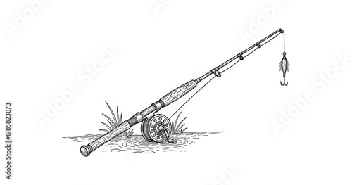 Intricate fishing rod with reel in black and white sketch style