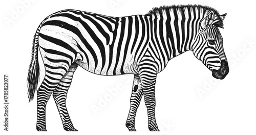 Detailed pen and ink zebra drawing on white background