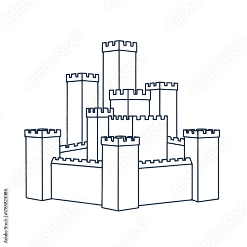 Outline illustration of a fortified castle with multiple towers and battlements