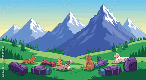 Dogs Camping in Mountains Group of Dogs Relaxing Near Backpacks in Cartoon Alpine Landscape