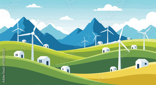 Wind Turbine Farm in a Green Landscape Sustainable Energy Illustration