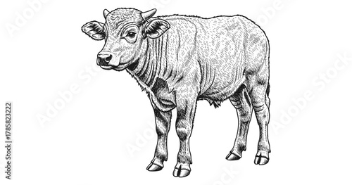 Detailed black and white cow design with intricate line art
