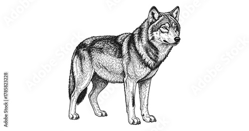 Realistic black and white wolf drawing in detailed ink style