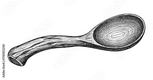 Intricate hand-drawn wooden spoon artwork with detailed grain texture