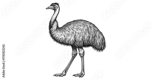Detailed black and white emu sketch with feather texture and realistic features