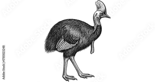Intricate cassowary engraving: detailed vintage wildlife design