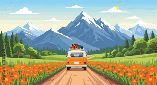 Road trip adventure Orange van on mountain road Vector illustration of outdoor travel and nature landscape