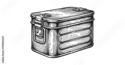 Vintage engraved metal box with latch in detailed black and white style