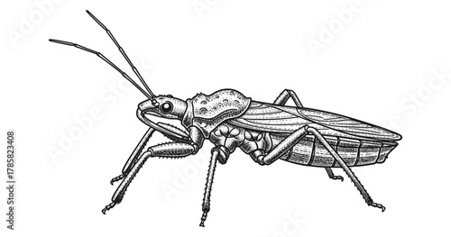 Intricate black and white engraving of a cricket on a white background