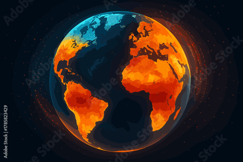 Colorful digital painting of earth with vibrant orange and blue continents, highlighting land formations and ocean waters on a dark background.