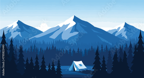 Minimalist Mountain Landscape with Tent and Forest Illustration