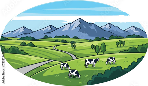 Cartoon Pasture Landscape with Cows Mountains and Blue Sky Countryside Illustration