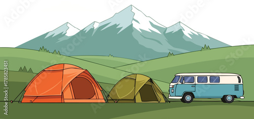 Camping Adventure Tents and Classic Van in the Mountains Illustration
