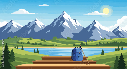 Scenic Mountain Landscape with Hiking Gear Adventure and Outdoor Recreation