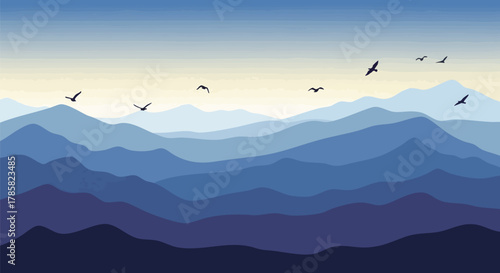 Abstract Blue Mountain Landscape with Birds Flying at Dusk Vector Illustration