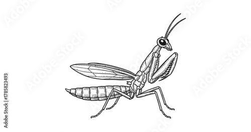 Detailed pen drawing of a praying mantis on white background