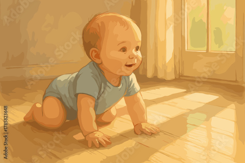 Smiling caucasian infant in blue clothing crawling on a sunlit wooden floor with light streaming through a nearby window.
