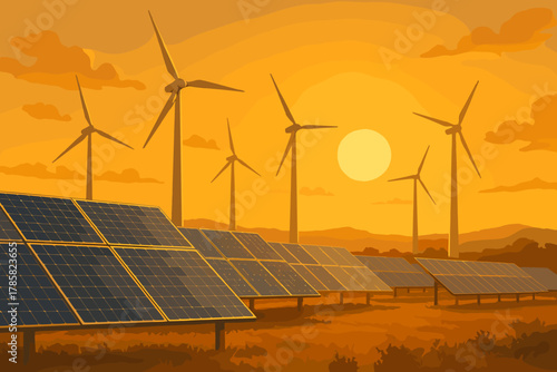 Rows of solar panels and wind turbines in a landscape at sunset, symbolizing renewable energy and sustainability.