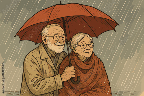 Elderly caucasian couple under a red umbrella smiling while walking in the rain, depicting warmth and companionship.