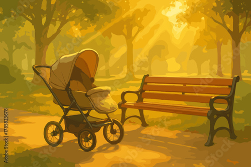 Empty baby stroller next to a wooden park bench under golden sunlight in a serene outdoor setting.