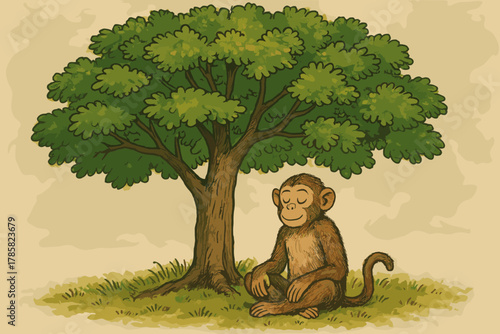 A cartoon monkey peacefully sits with eyes closed under a lush green tree in a grassy area, conveying a sense of tranquility and nature.