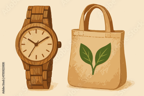 Wooden wristwatch with a natural finish next to an eco-friendly canvas tote bag featuring a green leaf design.