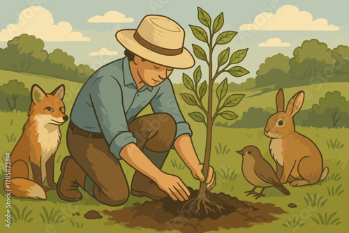Caucasian male adult wearing a hat plants a young tree in a grassy landscape, observed by a fox, rabbit, and bird in a serene outdoor setting.