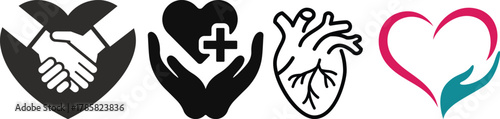 Heart in hand icon set.Donation and giving aid concept , Hands holding heart icon.Love icon. Health, medicine symbol. Healthcare hands holding heart flat and line style - stock vector.