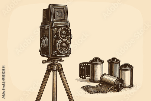 Vintage twin-lens reflex camera on a tripod next to rolls of film and developing film strip in a detailed, classic engraving style.