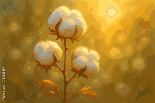 Cotton plant with white fluffy bolls on a stem against a warm, golden background, capturing the essence of a sunlit agricultural scene.