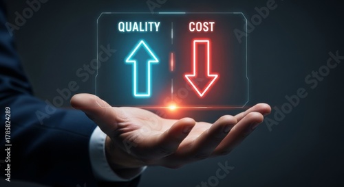 Quality vs Cost: A person's hand presents a dynamic visual, with the words Quality and Cost displayed alongside upward and downward arrows.