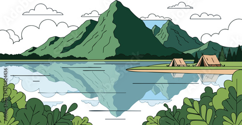 Scenic Mountain Lake with Campsite Illustration Outdoor Adventure Travel and Exploration