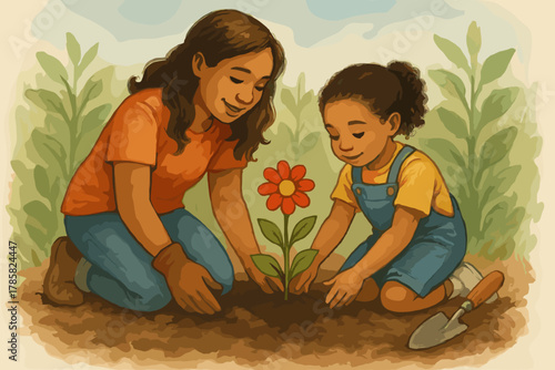 Two young girls, one caucasian and one hispanic, happily planting a flower together in a garden, symbolizing teamwork and environmental care.