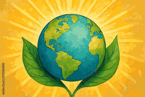 Earth depicted as a globe surrounded by vibrant green leaves with a radiant yellow sunburst background, symbolizing environmental protection and sustainability.