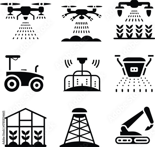 Agricultural technology icons drone sprayer robot greenhouse tower excavator