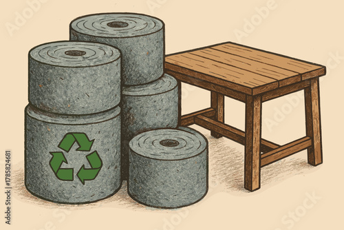 Six cylindrical rolls of recycled paper, five stacked with a green recycling symbol, next to a simple wooden stool.