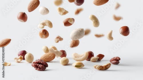 Mix of different raw nuts falling and laying a plain surface, showcasing a variety of natural and fresh healthy, ingredients