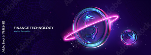 Futuristic finance technology. Fintech innovations. Cryptocurrency and Blockchainvconcept with glowing digital coins, neon lights, and virtual currency symbol
