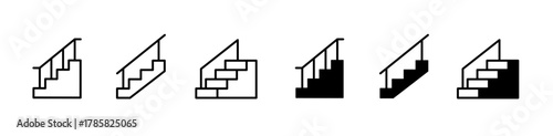 Staircase icon set.  Steps with railing symbol. Editable stroke. Vector illustration. 