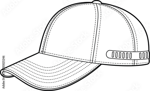Black and white line drawing of baseball cap with stitched panels, curved brim, adjustable strap illustration