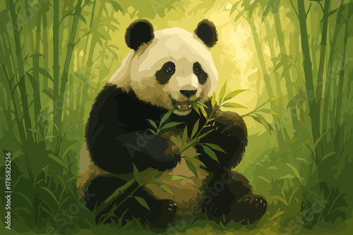 Giant panda eating bamboo in a lush green forest, exhibiting its characteristic black and white fur and playful expression.