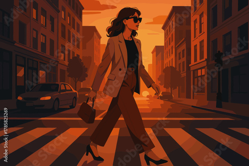 Confident young caucasian female in stylish attire walks across a city crosswalk during sunset, surrounded by urban architecture.